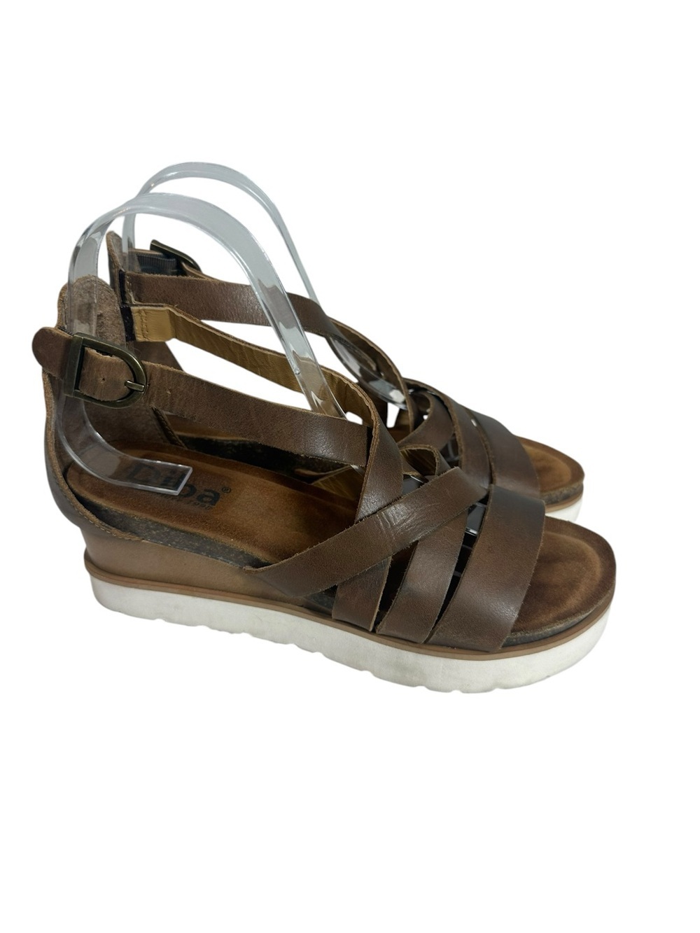 DIBA Women's 7.5 Brown Leather Strap Wedge Comfort Sandals